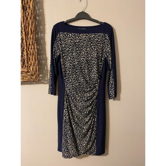 Ralph Lauren Dress Navy Blue Brown 2 XS Washable Stretch Sheath Career Church - Picture 2 of 9